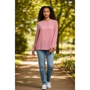 (G-223)Joan Vass New York Womens Pink Blouse Size M Long Sleeve Button Front 100